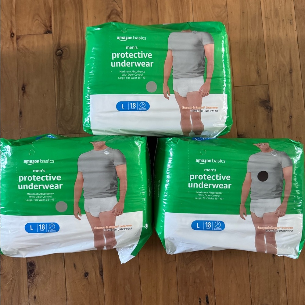 Amazon Basics Men's Protective Underwear - Green Packaging, White Underwear (L)